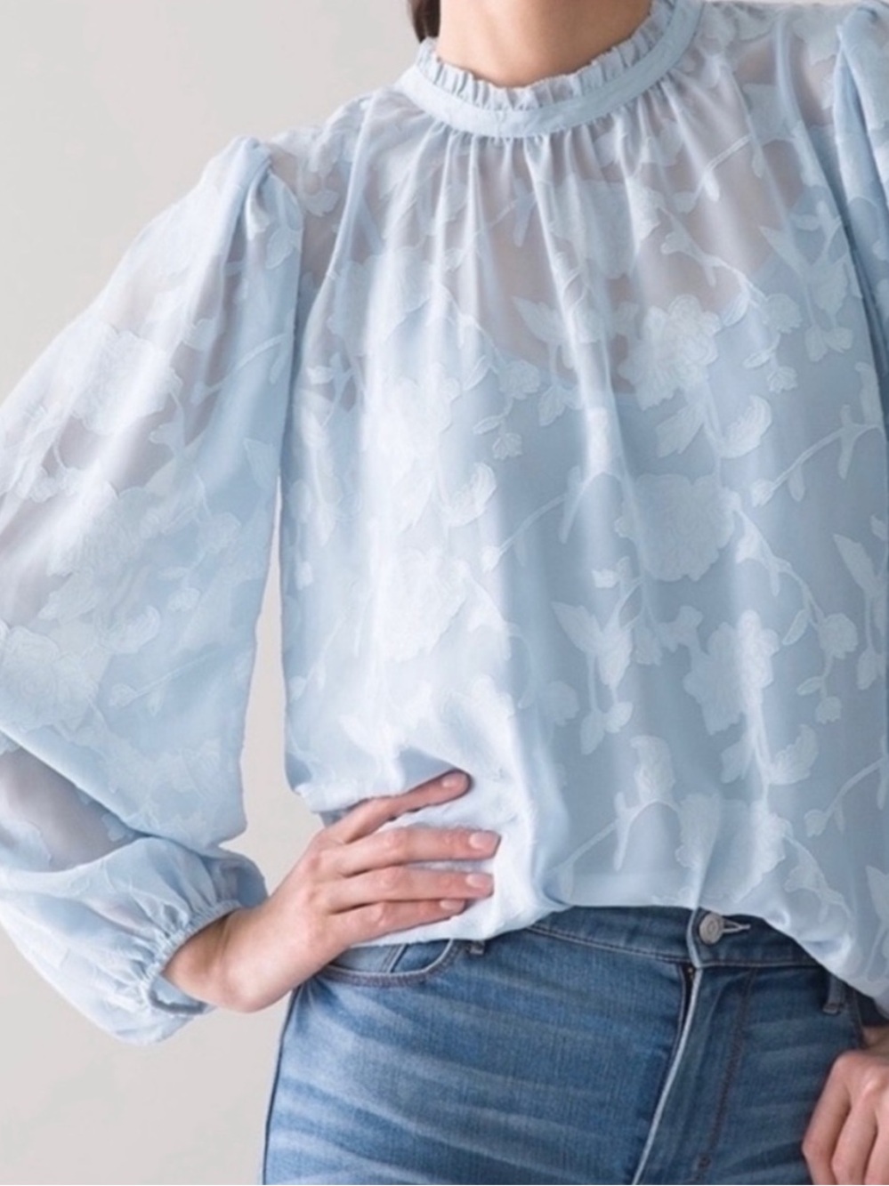 WHBM blue sheer floral blouse